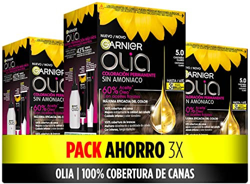 Garnier Olia - Pack de 3 coloración permanente sin amoniaco para un olor agradable con aceites florales de origen natural, color tono 5.0 castaño claro