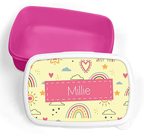 Print Maniacs Personalised Lunch Box Rainbow School Sandwich Kids Picnic Snack Food Bag Children's Travel Girls Boys Toddler Box Tub Pack Box (Pink, Add Name)
