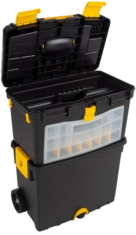 Portable Toolbox with Wheels - Stackable Tool Chest with Drawers - Mobile Utility Cart with Comfort Grip Handle and Tough Latches by Stalwart (Black)