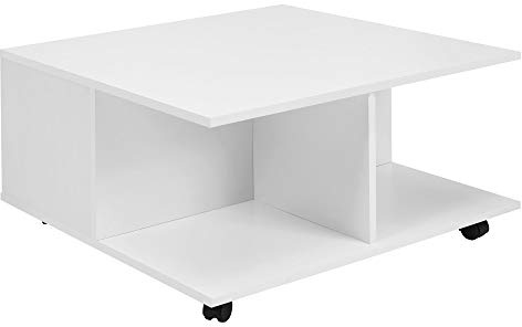 möbelando Design Couchtisch 70x70 cm Weiß | Wohnzimmertisch mit 2 Schubladen | Sofatisch mit Rollen | Tisch mit 2 Fächern