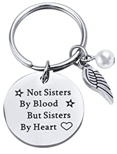 Lieson Schlüsselanhänger Damen, Auto Schlüsselanhänger Edelstahl Damen Flügel Runde Charms Militärplatte Gravur Not sisters by blood but sisters by heart Schlüsselanhänger mit Silber