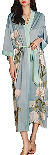 MEDUOLA Albornoces de Verano para Mujer Bata Kimono de Satén Pijama Seda Estampado con Talla Única Camisón Largo Sexy y Elegante azul gris