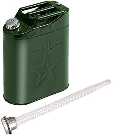 Surakey Jerrican Métallique 5L avec Flexible Bec Verseur, Vert Jerrican Essence Plat pour Voiture Et Moto, Portable Antirouille Jerrican en Métal pour Carburant Et Essence - pour Maison, Jardin