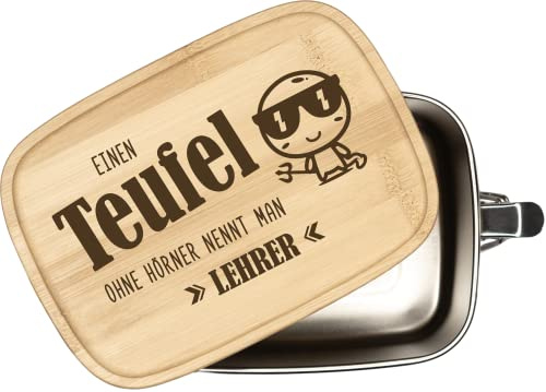 Tassenbrennerei Brotdose mit Spruch - Einen Teufel ohne Hörner nennt man Lehrer - 1000ml Edelstahl Box mit Bambusdeckel graviert - Geschenk für Klassenlehrer, Lehrkraft (Lehrer)