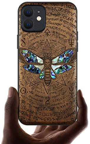 Carveit Coque magnétique pour iPhone 12 Étui Luxe [Gravure en Bois et Incrustation de Coquille] Compatible avec 12 Magsafe Artistique Coque (Noyer-Tête de la Mort)