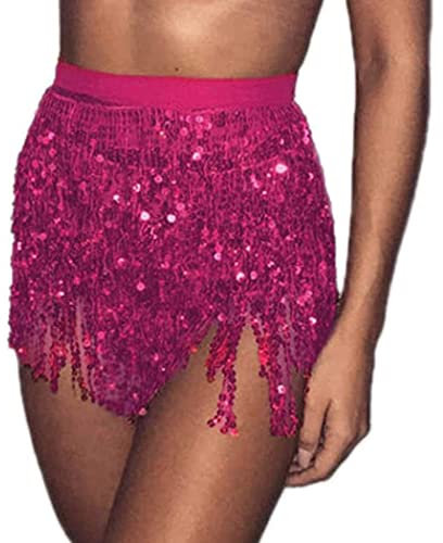 Damen Pailletten Rock Quasten Rock Rave Rock Bauchtanz Kostüm Bauchtanz Mini Rock für Mädchen, Bauchtanz Hüfttuch Club Kostüm Sommer Wrap Fransen Röcke, Rock zum Schnüren, Hüftschal, Rave Outfit