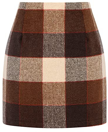 Womens Wool Plaid Mini Skirt Fall Winter High Waisted Bodycon Pencil Skirt (Big Plaid Coffee, M)