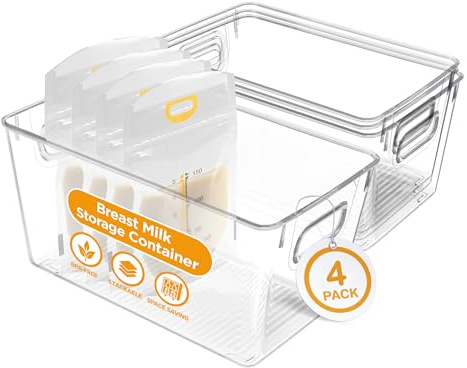 Priver - Breast Milk Freezer Storage Containers, 4 pack - Breastfeeding Essential in Organization and Storage for Milk & Baby Bottles, Reusable Freezer Organizer Bins, 5.2’’ W x 9.3 L x 4.2 H