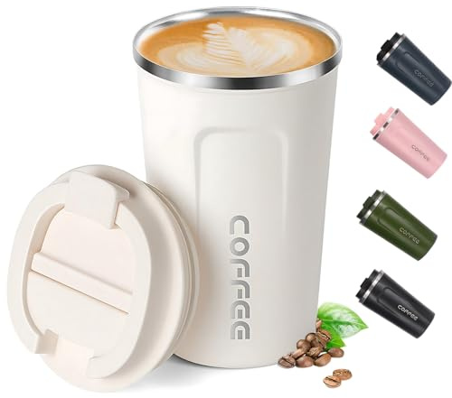 Shunshi Travel Mugs, Insulated Coffee Cup with Leakproof Lid - Reusable Coffee Cups Travel - Car Coffee Cup - Stainless Steel Thermal Mug for Hot and Cold Coffee Water and Tea.380ml(White)