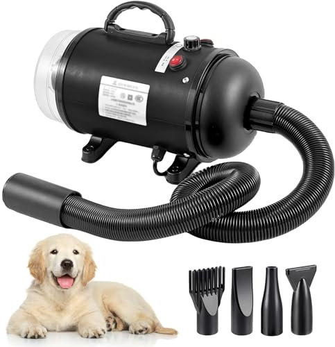 Pulseur Chien Professionnel Souffleur Chien Séchoir Sèche-Poils Toilettage Sèche-Cheveux pour Chien 2800W Sèche-Cheveux pour Animaux et Aspirateur Poil de Chien 2 en 1 Vitesse réglable avec 4 Buses