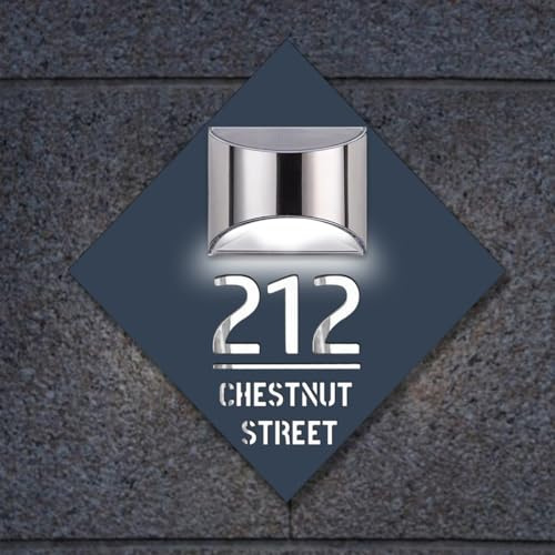 Personalized Solar House Number Sign With Solar Light Laser Cut Door Number Address Name Plaque,Custom Outdoor Home Numbers Street Name LED Modern House Signs for Home Office Hotel (Diamond.)