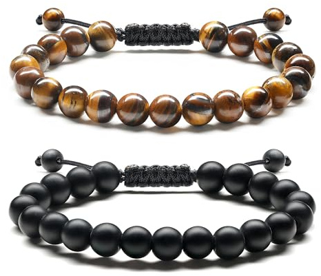 Adramata Pulsera Hombre de Piedras Naturales 8MM - Ojo de Tigre y Piedra de Lava - Pulseras de Cuentas Ajustables - Regalo para Hombre
