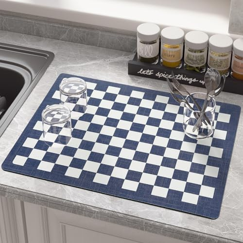 COLOR&GEOMETRY Dish Drying Mat, Super Absorbent Draining Board Mat, Non Slip Coffee Machine Drainer, Quick Dry Kitchen Counter Protector, 30x40cm (Blue)