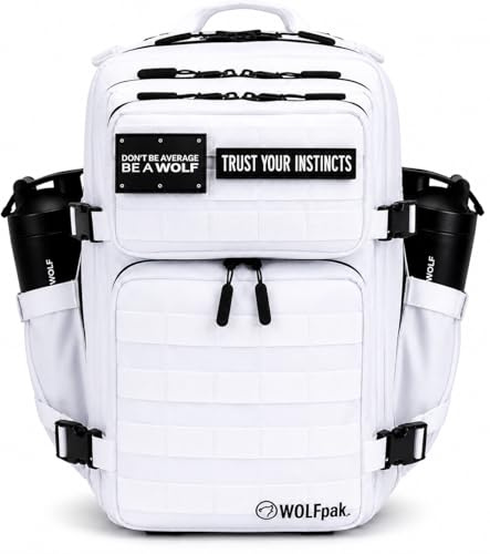 WOLFpak 35L Tactical Gym Backpack (Polar White) Durable 1000D Waterproof Oxford Material with MOLLE Webbing, Laptop Pocket & Dual Cup Holders, Durable Fitness/Travel/Military Daypack