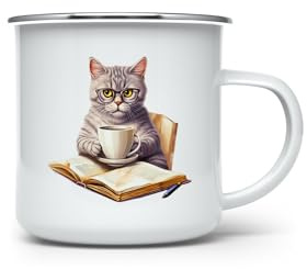 MAXIKIWI - Tasse à café ou thé en émail durable pour l'intérieur et l'extérieur - Livre de lecture chat gris - 350 ml