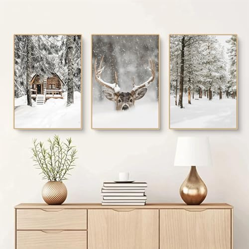 CULASIGN 3er Premium Poster Set | Moderne Winter Schneelandschaft Wandbilder | Winter Bilder Elch Holzhaus Wald | Wanddeko Wohnzimmer Schlafzimmer | Wandbilder ohne Rahmen (ABC,30x40cm)