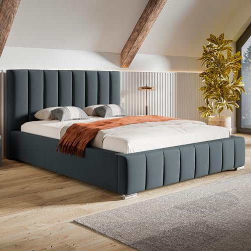 MOTIVENA Vigo Bett 120x200 Grau Samt, mit Stauraum, mit Kopfteil, mit Lattenrost, mit Füßen, ohne Matratze, Polsterbett 120x200 mit Bettkasten Grau (Anthrazit)