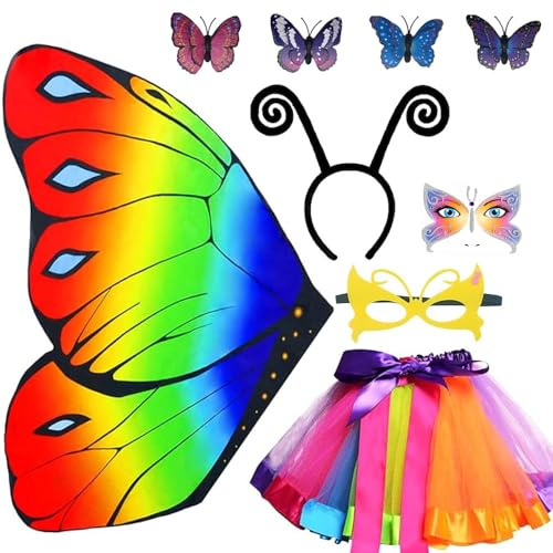 Anyingkai Costume da Farfalla per Bambina - Set 9 Pezzi con Tutu Gonna, Mantello e Accessori per Halloween, Carnevale e Fancy Dress (A)
