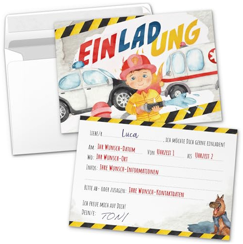 8 PERSONALISIERTE Einladungskarten Kindergeburtstag mit Umschlägen, Rettungsdienst Polizei Feuerwehr, Karte Geburtstag Einladung selbst gestalten mit Text