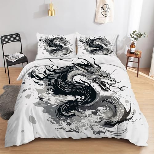 CCZM Bettwäsche 155x220 Schwarzer Drache Microfaser Bettwäsche-Sets Japanisch 3 Teilig, Weich Atmungsaktiv Bettbezüge Set Kunst und 2 Kissenbezug 80x80 cm mit Reißverschluss