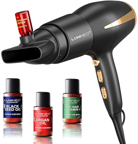 LUMINEO Haartrockner – Professioneller Ionen-Föhn mit 2400W AC-Motor, 3 Heiz- & 2 Gebläsestufen, Kaltstufe | Inkl. Serum- & Volumen-Diffusor, Stylingdüse & 3 Haarseren zum Testen