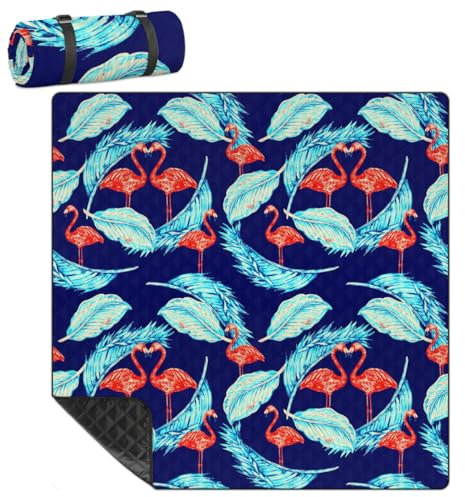 Mularoka Flamingo-Blätter-Picknickdecke, wasserdicht, sanddicht, faltbar, Stranddecke, 200,7 x 200,7 cm, extra groß, tragbar, waschbar, Outdoor-Matte für Camping, Park, Gras, Wandern, Reisen