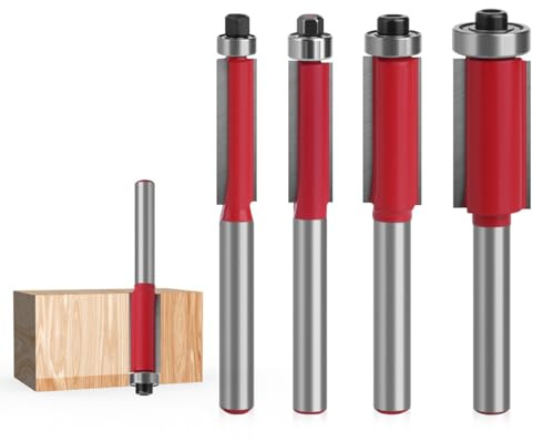 Lot de 4 Fraises pour Défonceuses, Fraise Metal Defonceuse a Bois, 6 mm Tige Fraises à Affleurer avec Roulement Supérieur Fraises à Bois, per Bricolage de Coupe Garniture Affleurante