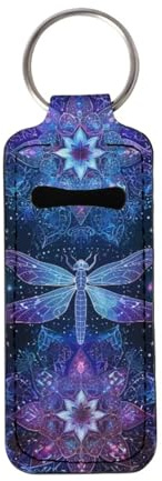 Baxinh Boho Mandala Print Chapstick Holder Keychains Dragonfly Printed Neoprene Car Keychain Lanyards Lipstick Holder Lip Balm Pouch for Girls Women