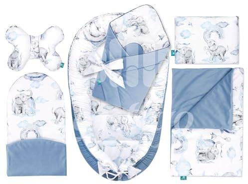 Lantigo Set für Neugeborene 6-teiliges Babynest Baumwolle mit Samt Baby Nestchen 95×55 cm inkl. Baby Kissen, Babydecke, Babyhörnchen, Erstausstattung Neugeborene Eledreams Blue