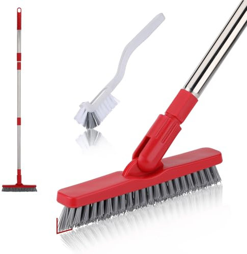 GINZER Brosse de nettoyage robuste pour joints de carrelage avec poils rigides, brosse à récurer le sol avec long manche réglable, pour douche, salle de bain, garage, terrasse, coin plinthe