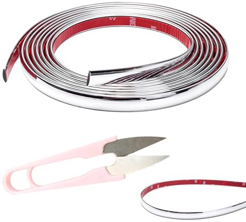 5m Silver Self Adhesive Trim, 6mm Tile Trims and Edgings Edging Strip, Chrome Wall Molding Trim, Peel Stick Adhesive Flexible Strip for Ceiling Mirror Furniture Door and Auto Decor (with Scissors)
