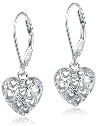 Boucles d'oreilles en forme de cœur, boucles d'oreilles en argent pour femmes, boucles d'oreilles à levier creuses en argent sterling, boucles d'oreilles pendantes en argent sterling (or blanc)