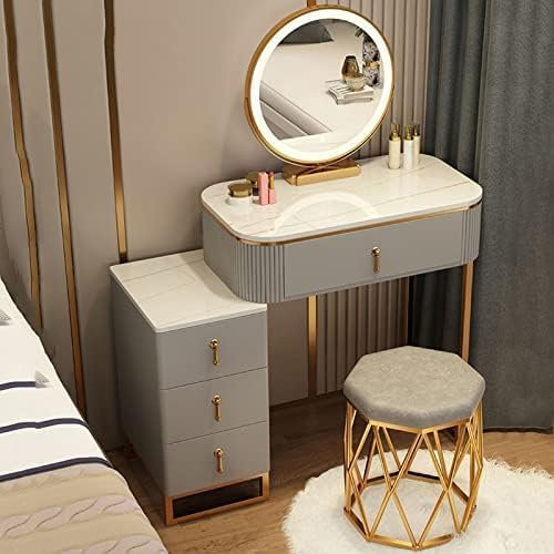 DGPBD Schminktisch Mit Hocker Set, Moderner Schminktisch Mit Touch Sensor LED Licht, Runder Spiegel, Schubladen - Kompakte Kommode Für Schlafzimmer