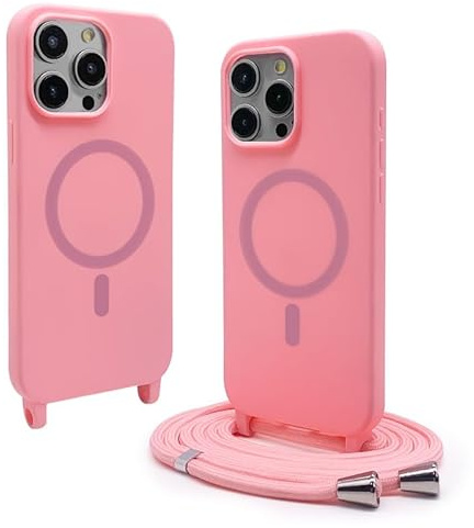CUZZCASE Cover Compatibile con iPhone 16(6.1),Cover Magnetica[Compatibile con MagSafe],Bumper con Laccio,Regolabile Lanyard TPU Corda Silicone Case-Rosa Scuro