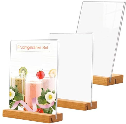 A5 Table Stand, 3 Stück Tischaufsteller A5 Preisschilder Aufsteller, T Ständer Werbeaufsteller, Dualer Kartensteckplatz Plakatständer, Acrylic Table Stand with Wooden Base, Offices, Menu Card Holder
