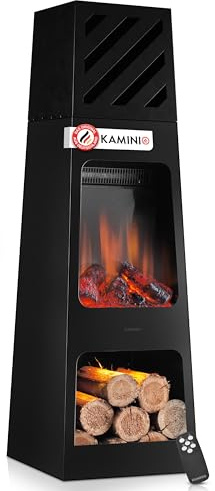 KAMINIO Chimenea eléctrica de jardín Kai - Horno terraza eléctrico con calefacción, Efecto de Llama 3D, Almacenamiento de leña, luz Ambiental LED, Control Remoto (X-Large)