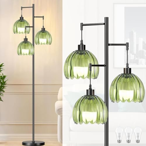 KZT LED Stehlampe Wohnzimmer 3-Flammige Stehleuchte mit E27 LED-Glühbirnen Retro Grünes Glas Lampenschirm Stehleuchte, 3000K Warmweiß, Stehende Baumlampe für Schlafzimmer Büro