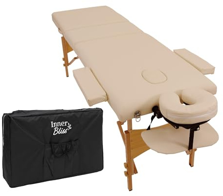 Inner Bliss Portable Massage Table 3 Section Folding Therapy Couch with Adjustable Backrest Face Cradle Armrest and Carry Case | Lightweight Spa Bed for Beauty Tattoo Physio | 60cm Wide | (Ivory)