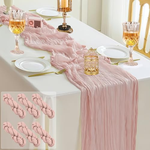 Ezvsevuo Lot de 6 Chemins de Table Rose Romantique 90 x 300 cm - en étamine, Tissu de Gaze Rustique pour Décoration de Mariage, Arche, Fêtes à Thème et Anniversaires