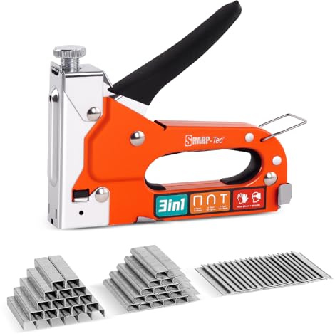 Sharp-tec Kit 3 in 1 con pistola graffatrice per tappezzeria, con 3000 punti, cucitrici e graffatrici con sgancio rapido per legno, cartone, artigianato, fai da te, cavi, moquette (arancione)