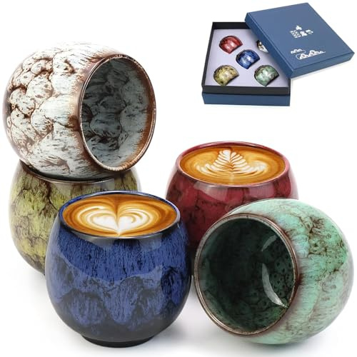 Set di Tazze da Espresso, 5 Tazze da Caffè da 110 ml, Set di Tazze da Espresso in Ceramica, Tazzine in Gres a Pareti Spesse, Lavabile in Llavastoviglie, Senza Manico, per Espresso, Moka, Macchiato
