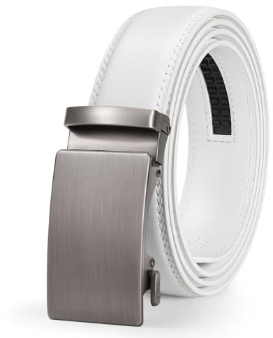 LEACOOLKEY Cintura in Pelle Uomo con Fibbia Automatica a Criceto Scorrevole per Abito da Uomo Larghezza 3.5 cm，Bianco，130cm(Misura vita 105cm-119cm)