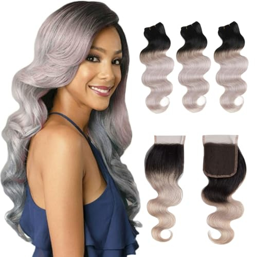 FUIBEJAE Paquetes de cabello humano de ondas profundas sueltas de negro a gris claro con cierre, extensiones de cabello brasileño virgen de encaje para mujeres negras,16 18 20+16closure