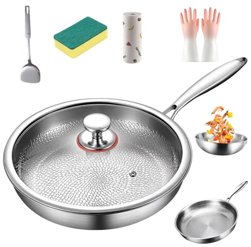 Padella antiaderente XL in titanio da 34 cm con coperchio - Pentolame ultra resistente e antigraffio, superficie spessa non rivestita per una facile cottura e pulizia, perfetta per l'uso quo