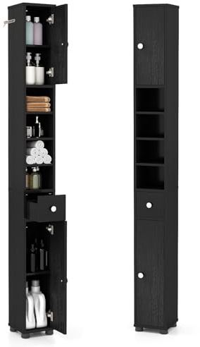 GIANTEX Badschrank Hochschrank, 20 x 20 x 180 cm, Badezimmerschrank Schmal mit Schublade, 2 Türen & 4 offenen Ablagen, Schrank fürs Badezimmer & Wohnzimmer (4 Ablagen, Schwarz)