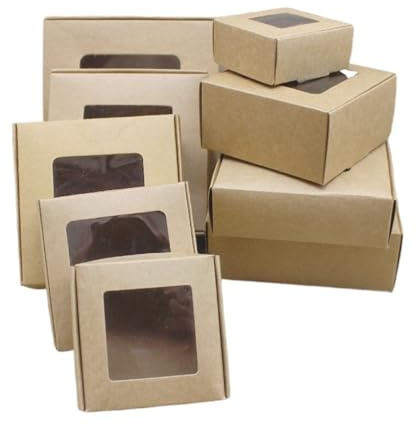 10 Stück weiße/Kraftpapier-/weißmarmorierte quadratische Verpackungskartons in verschiedenen Größen, geeignet for Geschenke und Pralinen(Kraft window box,7x7x4cm)