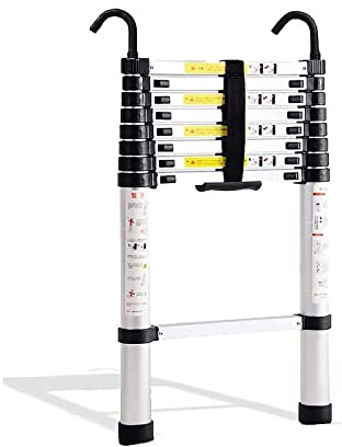 Teleskopleiter, Faltbare Dachbodentreppe, tragbare ausziehbare Aluminiumleiter mit 2 abnehmbaren Dachhakenleiter(5m)