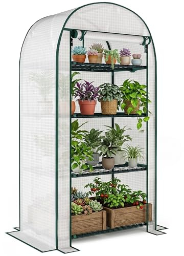 Outsunny Serra da Balcone a 4 Ripiani con Porta Avvolgibile, Serra per Orto con Struttura in Acciaio e Copertura PE, per Piante Orto Verdure Fiori Frutta, Anti UV, 80x50x160 cm, Bianco