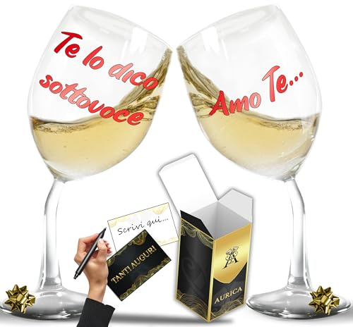 Aurìca 2 Calici Vino Personalizzati TE LO DICO SOTTOVOCE – Regalo San Valentino Per Brindisi Dolci Di Coppia - Bicchiere Piegato Originale Per Un'Amore Originale Con Confezione Regalo Inclusa