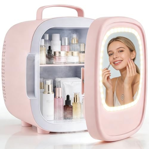 Mini Réfrigérateur 6L, Mini Frigo Cosmétique avec Miroir LED, Portable Thermoelectrique Chauffe & Refroidisseur, AC/DC pour Chambre, Soins de la Peau, Boissons, Bureau, Dortoir et Voiture (Rose)